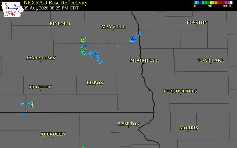 NEXRAD radar during the Wednesday, August 5, 2026 storm activity in Cass County, North Dakota
