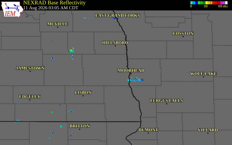 NEXRAD radar during the Tuesday, August 11, 2026 storm activity in Cass County, North Dakota
