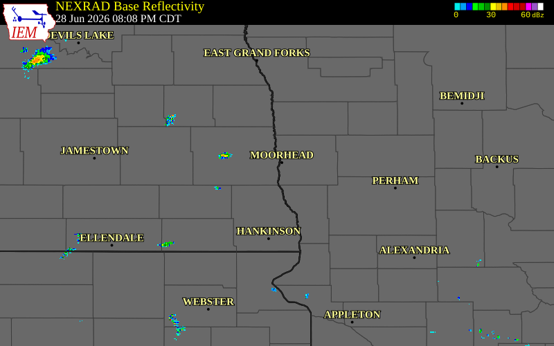 Radar snapshot during the Jun 28, 2026 hail event near 5 E Horace, Cass County, North Dakota, with NWS warning polygons