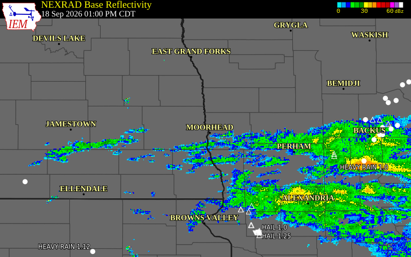 Current NEXRAD radar over Cass County, North Dakota with recent storm report locations
