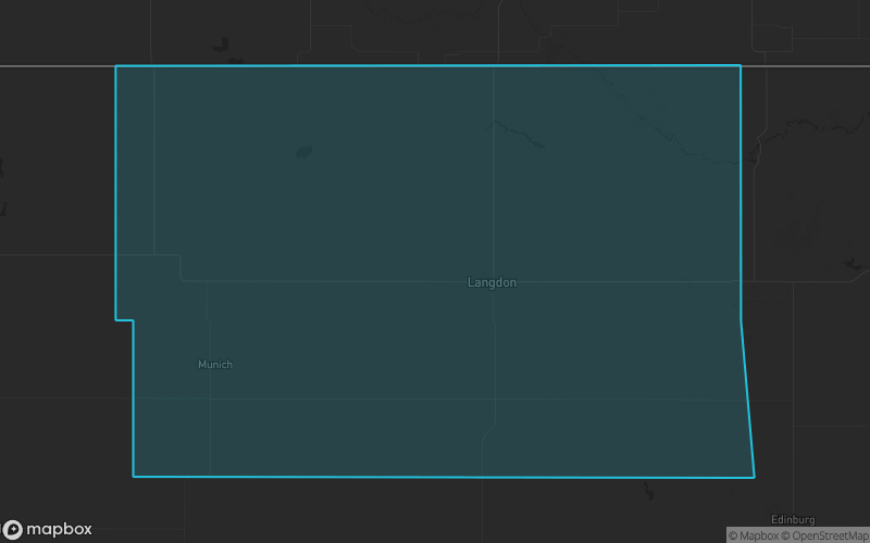 Map of Cavalier County, North Dakota showing the county boundary and surrounding cities