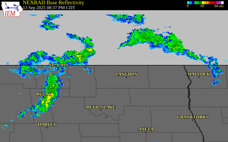 NEXRAD radar during the Saturday, September 13, 2025 storm activity in Cavalier County, North Dakota