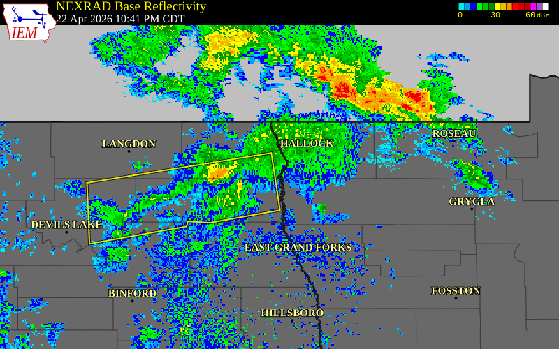 NEXRAD radar during the Wednesday, April 22, 2026 storm activity in Cavalier County, North Dakota