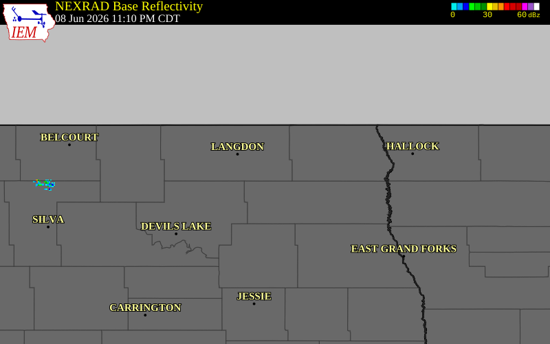 NEXRAD radar during the Monday, June 8, 2026 storm activity in Cavalier County, North Dakota