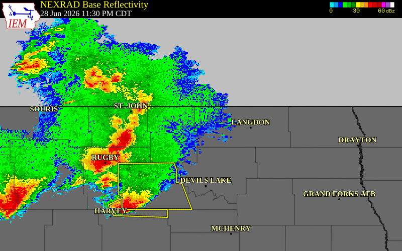 NEXRAD radar during the Sunday, June 28, 2026 storm activity in Cavalier County, North Dakota