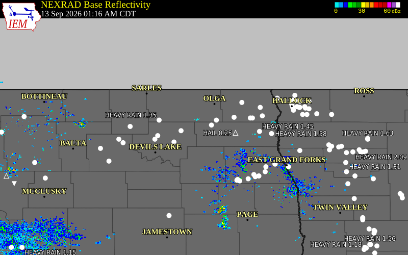 Current NEXRAD radar over Cavalier County, North Dakota with recent storm report locations