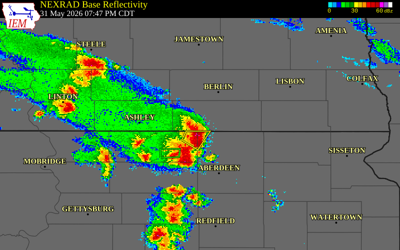 NEXRAD radar during the Sunday, May 31, 2026 storm activity in Dickey County, North Dakota