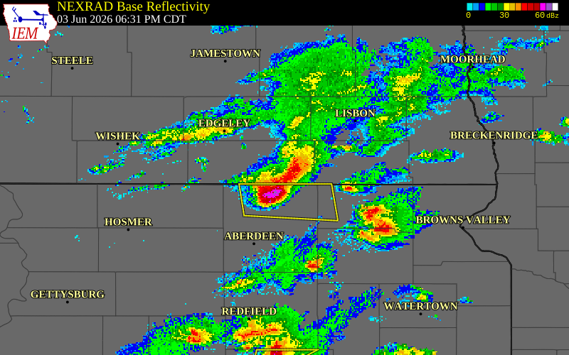 NEXRAD radar during the Wednesday, June 3, 2026 storm activity in Dickey County, North Dakota