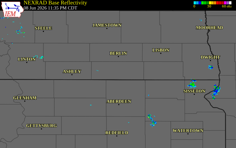 NEXRAD radar during the Monday, June 8, 2026 storm activity in Dickey County, North Dakota
