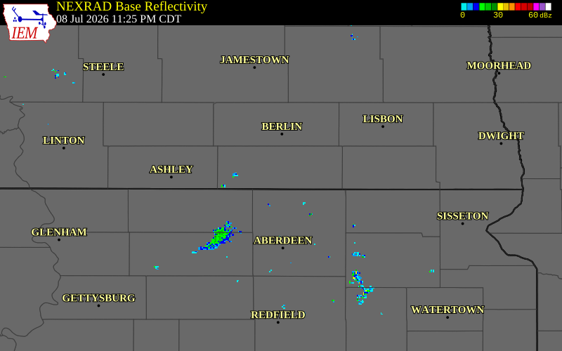 NEXRAD radar during the Wednesday, July 8, 2026 storm activity in Dickey County, North Dakota