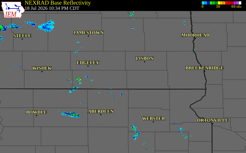 NEXRAD radar during the Saturday, July 18, 2026 storm activity in Dickey County, North Dakota