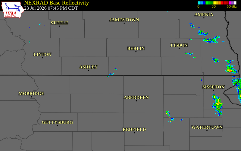 NEXRAD radar during the Thursday, July 23, 2026 storm activity in Dickey County, North Dakota