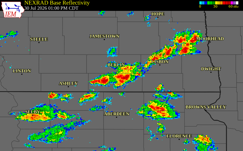 NEXRAD radar during the Thursday, July 30, 2026 storm activity in Dickey County, North Dakota