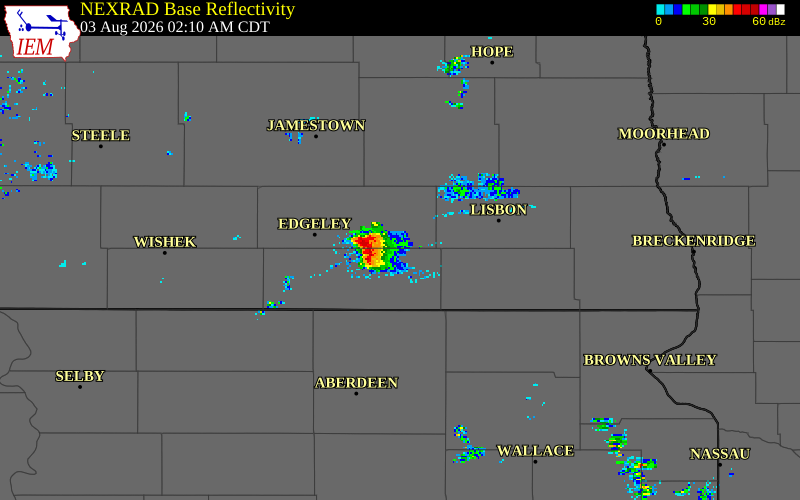 NEXRAD radar during the Monday, August 3, 2026 storm activity in Dickey County, North Dakota