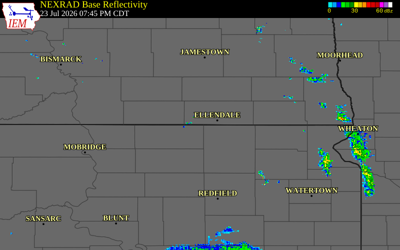 Radar snapshot during the Jul 23, 2026 hail event near Forbes, Dickey County, North Dakota, with NWS warning polygons
