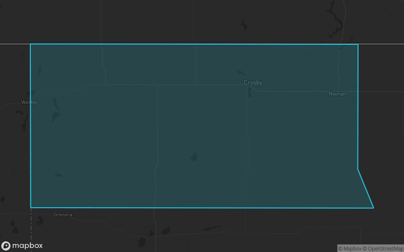Map of Divide County, North Dakota showing the county boundary and surrounding cities