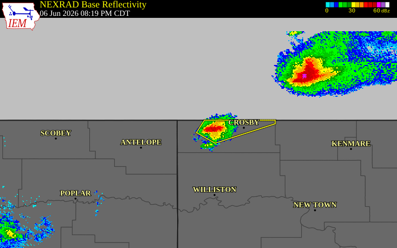 NEXRAD radar during the Saturday, June 6, 2026 storm activity in Divide County, North Dakota