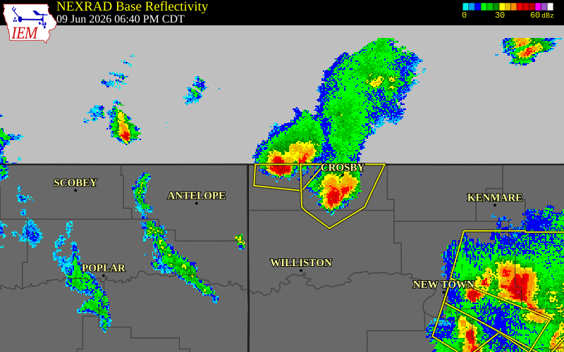 NEXRAD radar during the Tuesday, June 9, 2026 storm activity in Divide County, North Dakota