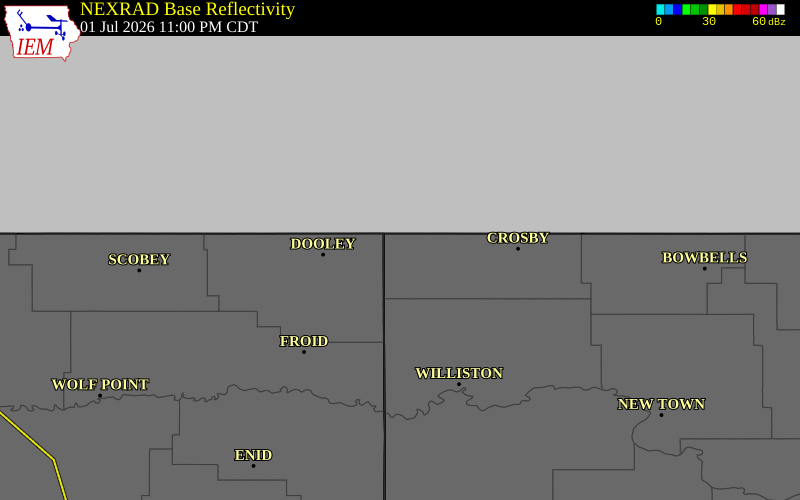 NEXRAD radar during the Wednesday, July 1, 2026 storm activity in Divide County, North Dakota