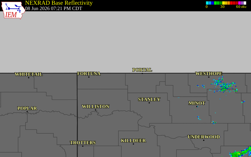 Radar snapshot during the Jun 8, 2026 tornado event near 3 E Noonan, Divide County, North Dakota, with NWS warning polygons
