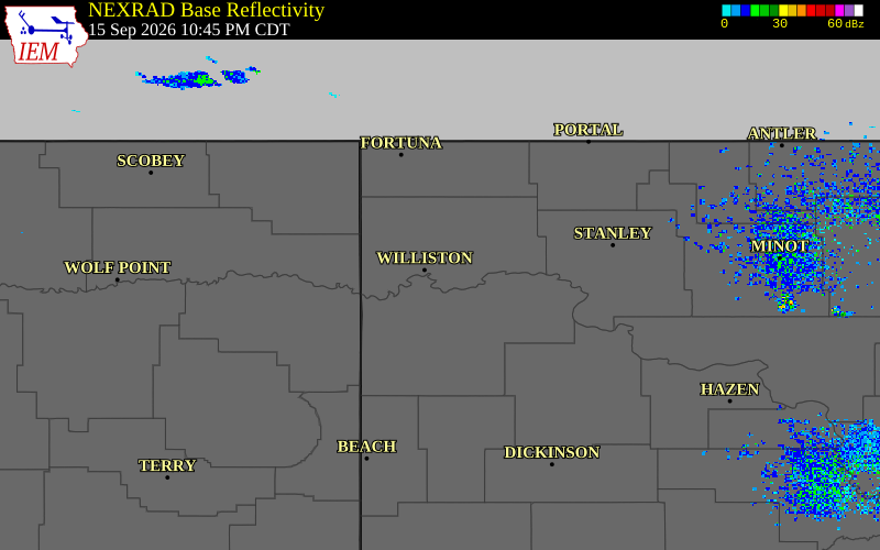 Current NEXRAD radar over Divide County, North Dakota with recent storm report locations
