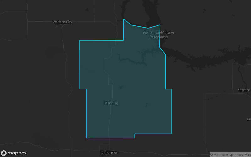 Map of Dunn County, North Dakota showing the county boundary and surrounding cities