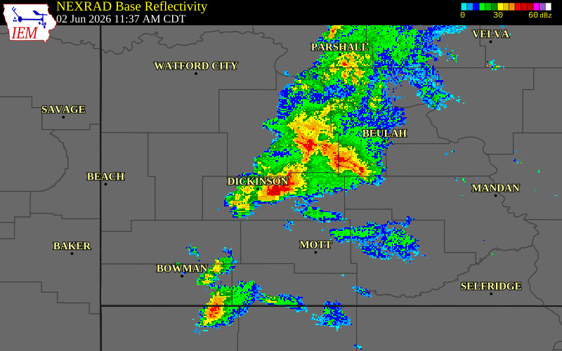 NEXRAD radar during the Tuesday, June 2, 2026 storm activity in Dunn County, North Dakota