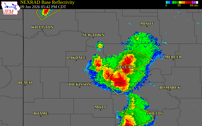NEXRAD radar during the Tuesday, June 9, 2026 storm activity in Dunn County, North Dakota