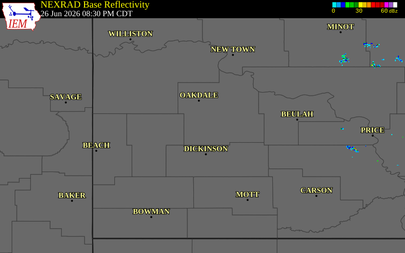 NEXRAD radar during the Friday, June 26, 2026 storm activity in Dunn County, North Dakota