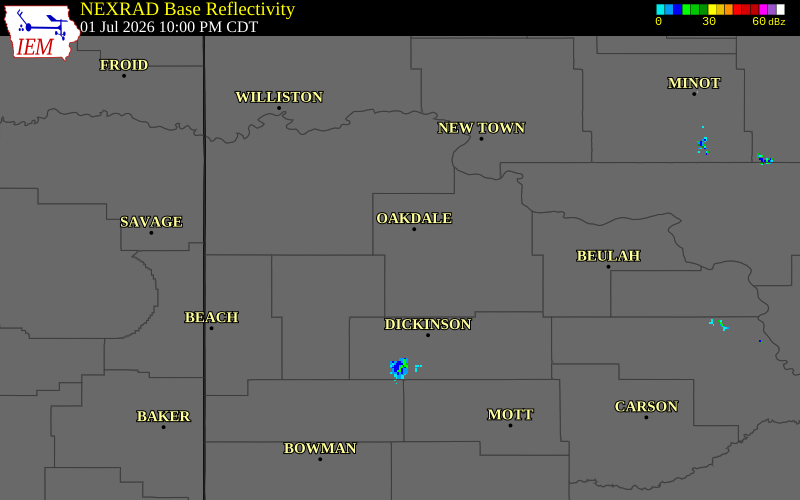 NEXRAD radar during the Wednesday, July 1, 2026 storm activity in Dunn County, North Dakota