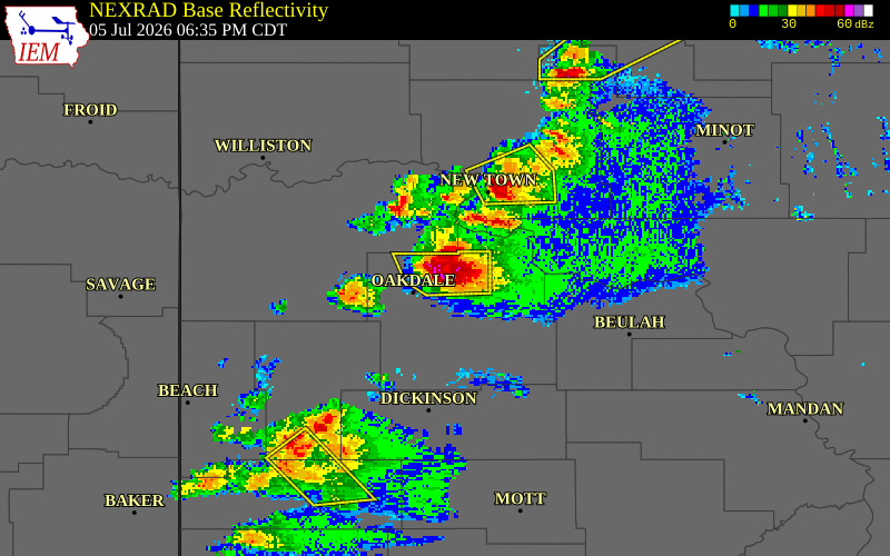 NEXRAD radar during the Sunday, July 5, 2026 storm activity in Dunn County, North Dakota
