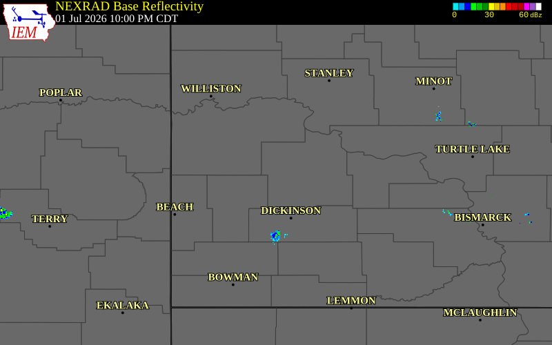 Radar snapshot during the Jul 1, 2026 hail event near 9 SSW Oakdale, Dunn County, North Dakota, with NWS warning polygons