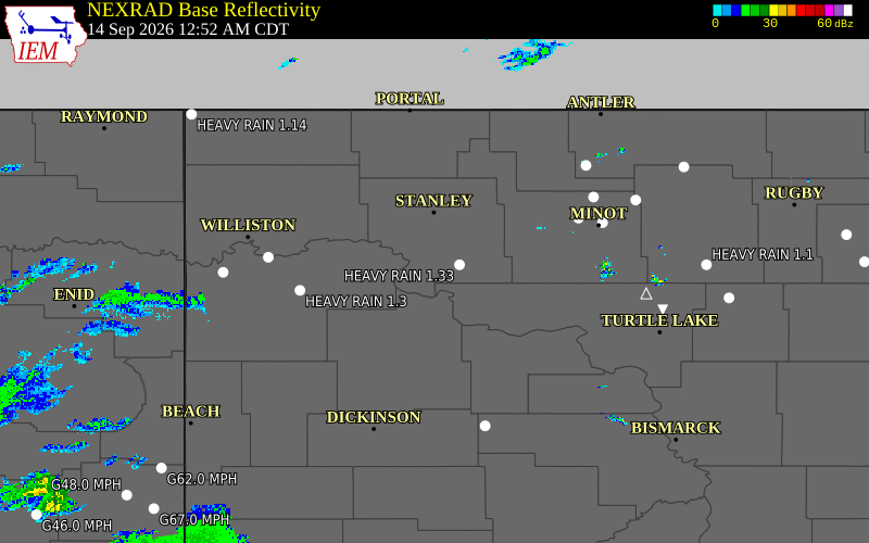 Current NEXRAD radar over Dunn County, North Dakota with recent storm report locations