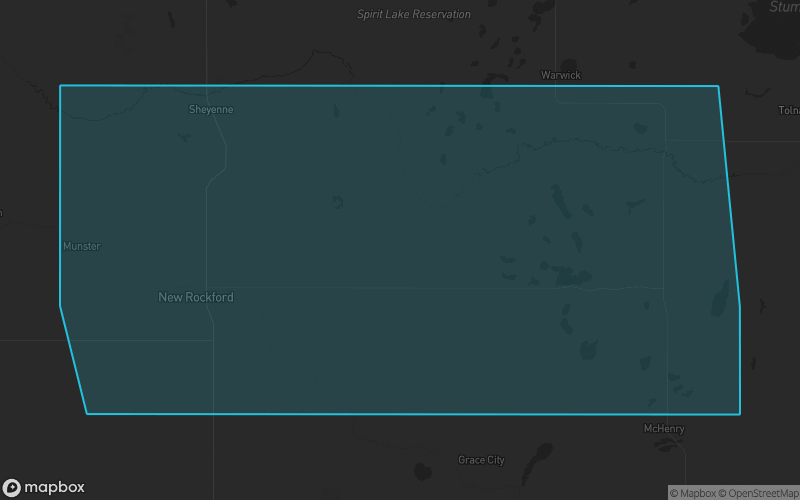 Map of Eddy County, North Dakota showing the county boundary and surrounding cities