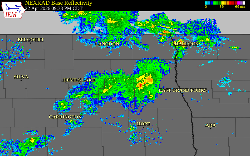 NEXRAD radar during the Wednesday, April 22, 2026 storm activity in Eddy County, North Dakota