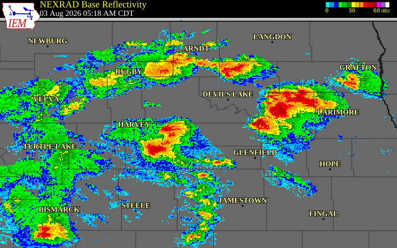 NEXRAD radar during the Monday, August 3, 2026 storm activity in Eddy County, North Dakota