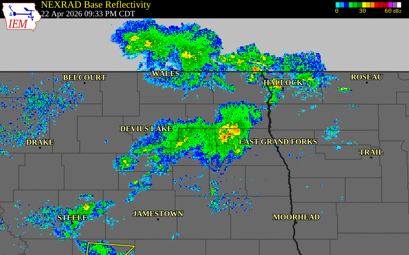 Radar snapshot during the Apr 22, 2026 wind event near Eddy County, Eddy County, North Dakota, with NWS warning polygons