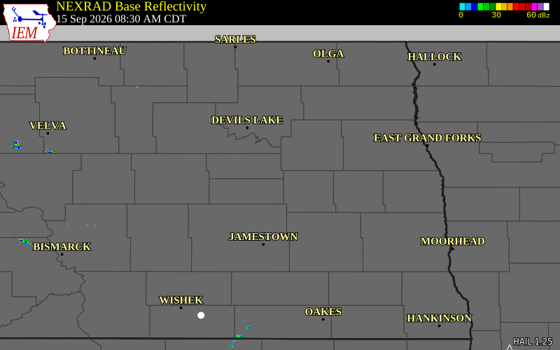 Current NEXRAD radar over Eddy County, North Dakota with recent storm report locations