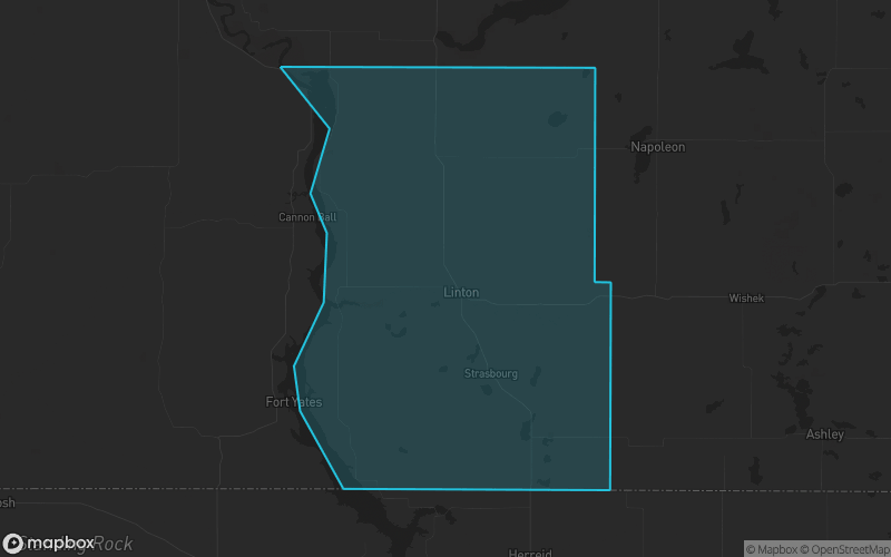 Map of Emmons County, North Dakota showing the county boundary and surrounding cities