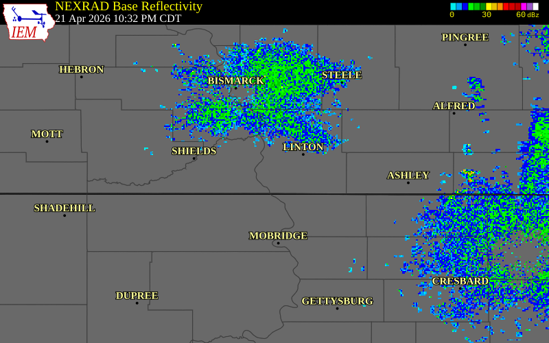 NEXRAD radar during the Tuesday, April 21, 2026 storm activity in Emmons County, North Dakota