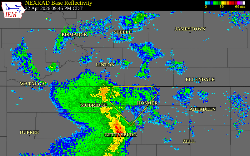 NEXRAD radar during the Wednesday, April 22, 2026 storm activity in Emmons County, North Dakota