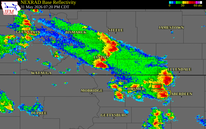 NEXRAD radar during the Sunday, May 31, 2026 storm activity in Emmons County, North Dakota