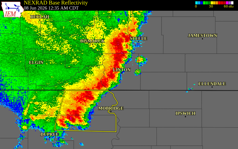 NEXRAD radar during the Monday, June 8, 2026 storm activity in Emmons County, North Dakota