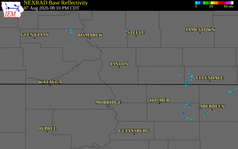 NEXRAD radar during the Friday, August 7, 2026 storm activity in Emmons County, North Dakota