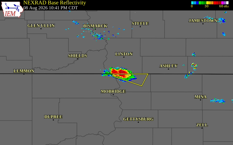 NEXRAD radar during the Saturday, August 8, 2026 storm activity in Emmons County, North Dakota