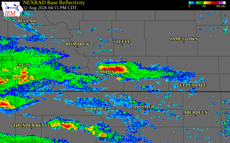 NEXRAD radar during the Wednesday, August 12, 2026 storm activity in Emmons County, North Dakota