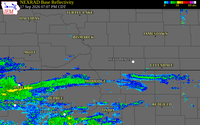 Current NEXRAD radar over Emmons County, North Dakota with recent storm report locations