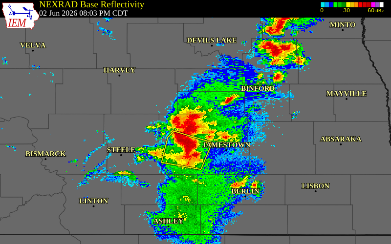 NEXRAD radar during the Tuesday, June 2, 2026 storm activity in Foster County, North Dakota