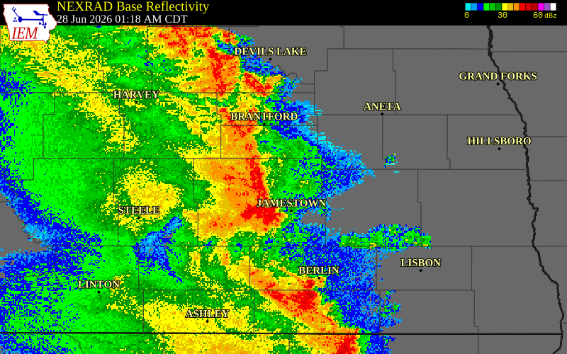 NEXRAD radar during the Sunday, June 28, 2026 storm activity in Foster County, North Dakota