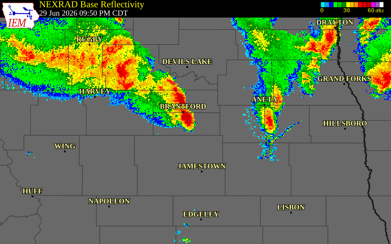 NEXRAD radar during the Monday, June 29, 2026 storm activity in Foster County, North Dakota
